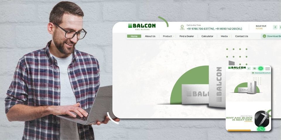 A man browsing the Balcon AAC website on a laptop