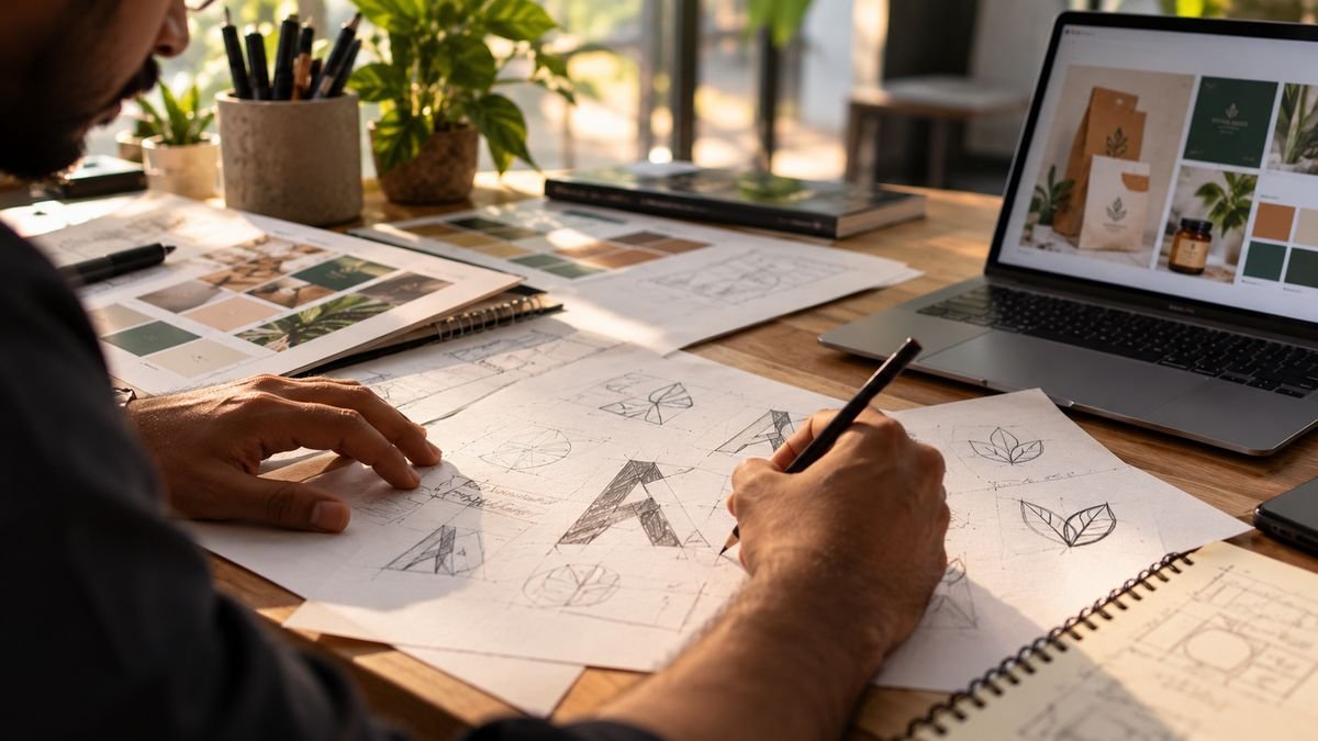 A designer sketching logo concepts in pencil, with colour swatches and packaging mockups on a laptop