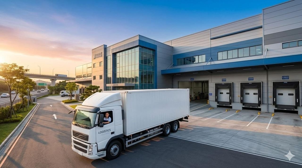A delivery truck outside a warehouse, ready to ship orders